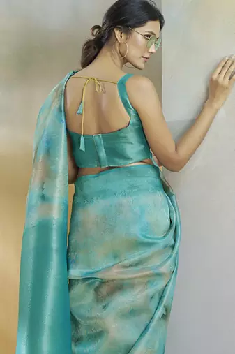 turquoise handloom silk blend woven saree with unstitched blouse piece