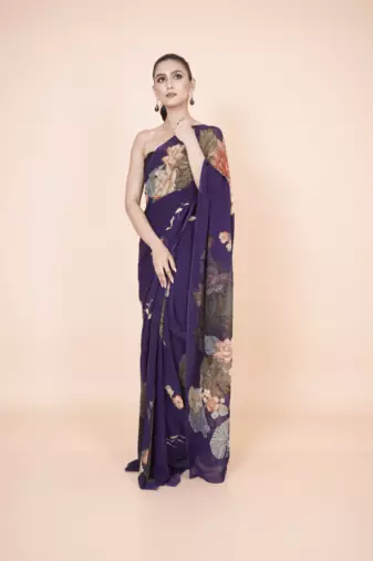 Purple coloured  botanical floral styled digital printed georgette saree with blouse