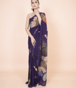 Purple coloured  botanical floral styled digital printed georgette saree with blouse