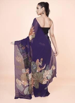 Purple coloured  botanical floral styled digital printed georgette saree with blouse 3