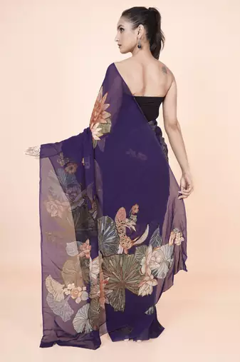 Purple coloured  botanical floral styled digital printed georgette saree with blouse