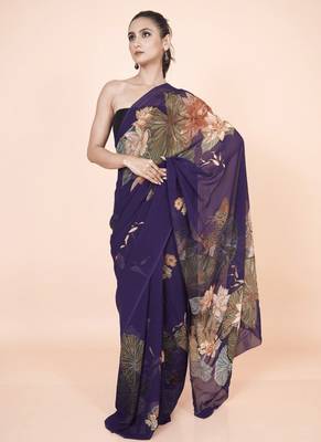 Purple coloured  botanical floral styled digital printed georgette saree with blouse 4
