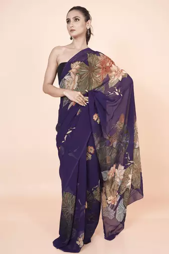 Purple coloured  botanical floral styled digital printed georgette saree with blouse