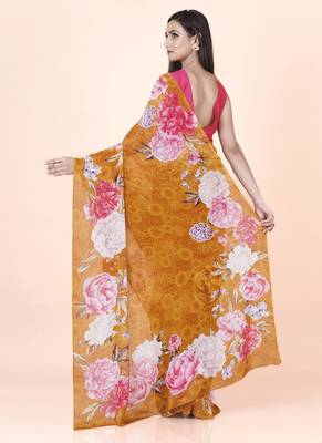 Golden coloured  floral styled digital printed georgette saree with blouse 2