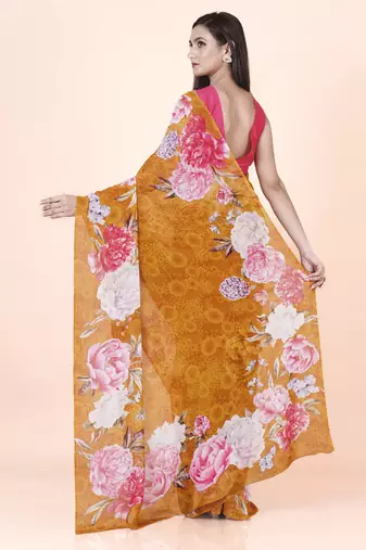 Golden coloured  floral styled digital printed georgette saree with blouse