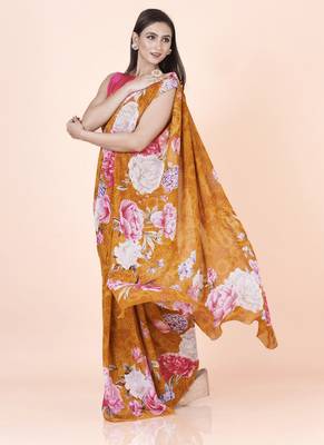 Golden coloured  floral styled digital printed georgette saree with blouse 1