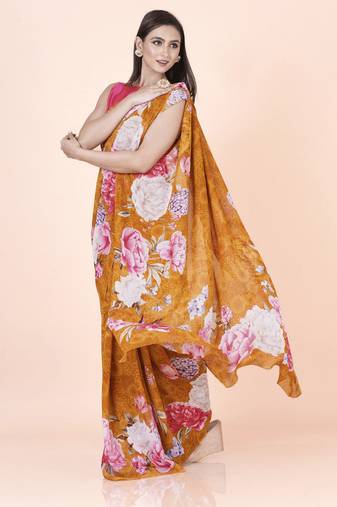 Golden coloured  floral styled digital printed georgette saree with blouse
