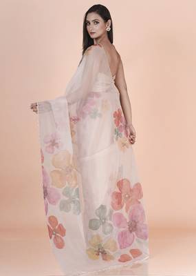 White coloured  floral styled digital printed with hand pita work & scalop border n. orgenza saree with blouse 2
