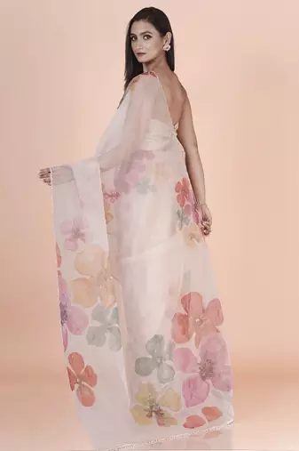 White coloured  floral styled digital printed with hand pita work & scalop border n. orgenza saree with blouse