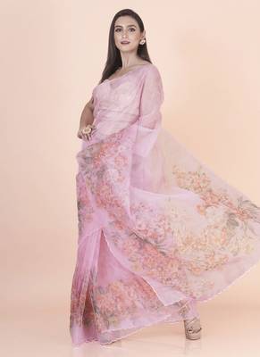 Pink coloured  floral styled digital printed with hand pita work n. orgenza saree with blouse 1