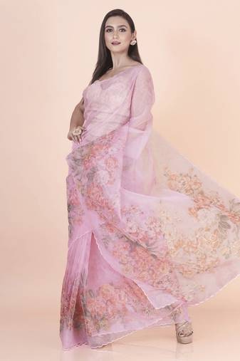 Pink coloured  floral styled digital printed with hand pita work n. orgenza saree with blouse