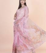 Pink coloured  floral styled digital printed with hand pita work n. orgenza saree with blouse