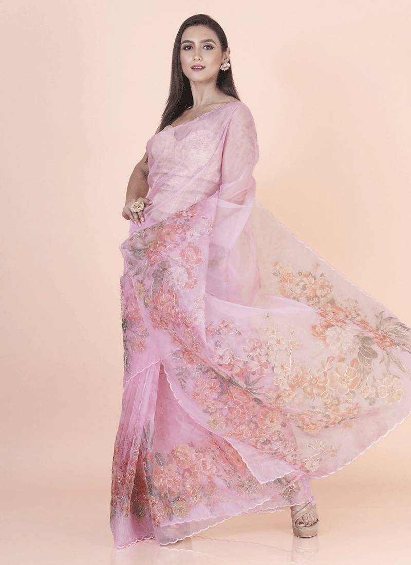 Pink coloured  floral styled digital printed with hand pita work n. orgenza saree with blouse