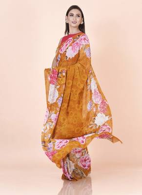Golden coloured  floral styled digital printed georgette saree with blouse 3