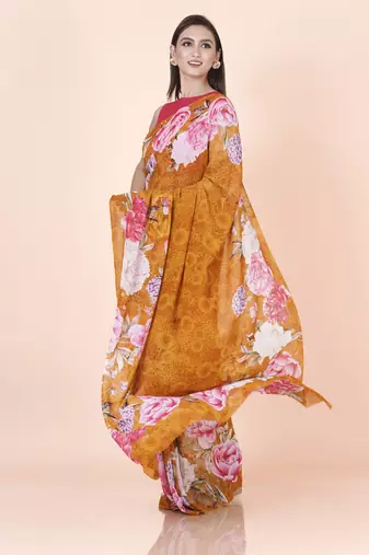 Golden coloured  floral styled digital printed georgette saree with blouse