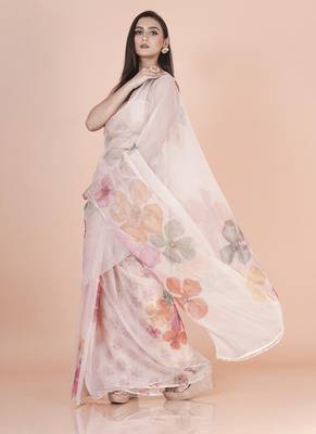 White coloured  floral styled digital printed with hand pita work & scalop border n. orgenza saree with blouse 3