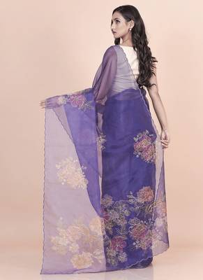 Blue coloured  floral styled digital printed with hand pita work n. orgenza saree with blouse 2