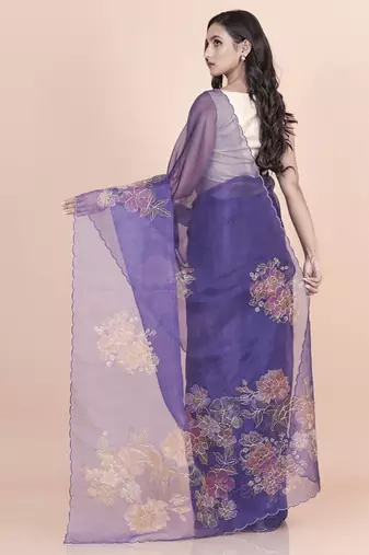 Blue coloured  floral styled digital printed with hand pita work n. orgenza saree with blouse