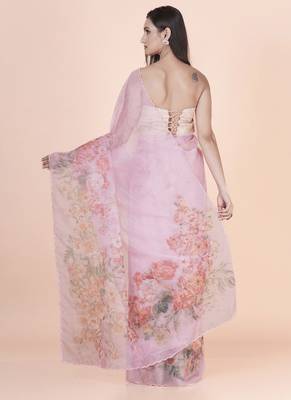 Pink coloured  floral styled digital printed with hand pita work n. orgenza saree with blouse 2