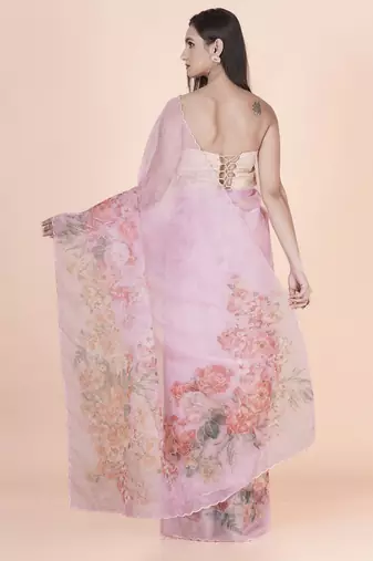 Pink coloured  floral styled digital printed with hand pita work n. orgenza saree with blouse