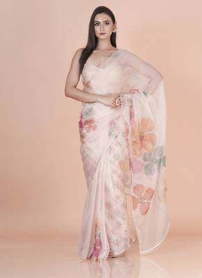 White coloured  floral styled digital printed with hand pita work & scalop border n. orgenza saree with blouse 1
