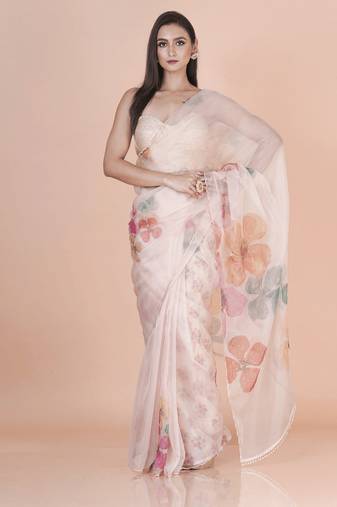 White coloured  floral styled digital printed with hand pita work & scalop border n. orgenza saree with blouse