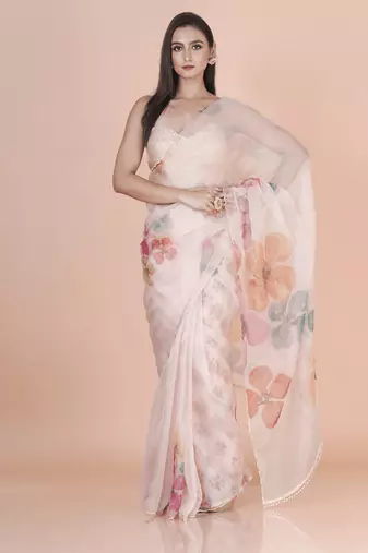 White coloured  floral styled digital printed with hand pita work & scalop border n. orgenza saree with blouse