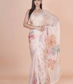 White coloured  floral styled digital printed with hand pita work & scalop border n. orgenza saree with blouse