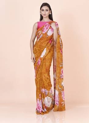 Golden coloured  floral styled digital printed georgette saree with blouse 4