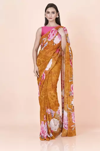 Golden coloured  floral styled digital printed georgette saree with blouse