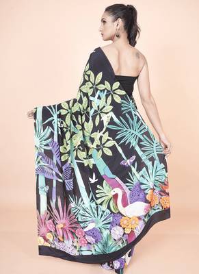 Multi coloured  botanical styled digital printed crepe saree with blouse 2