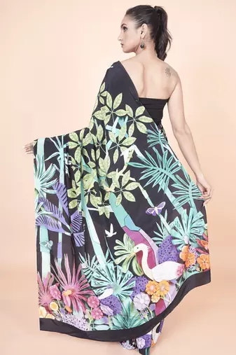 Multi coloured  botanical styled digital printed crepe saree with blouse