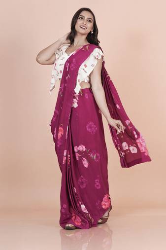 Wine coloured  floral styled digital printed crepe saree with blouse