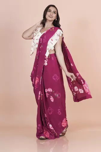 Wine coloured  floral styled digital printed crepe saree with blouse