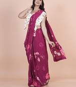 Wine coloured  floral styled digital printed crepe saree with blouse