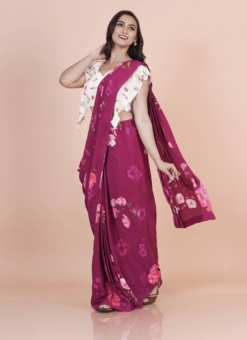 Wine coloured  floral styled digital printed crepe saree with blouse