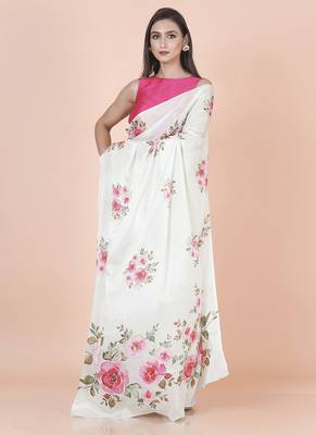 White coloured  floral styled digital printed chinnon silk saree with blouse 1