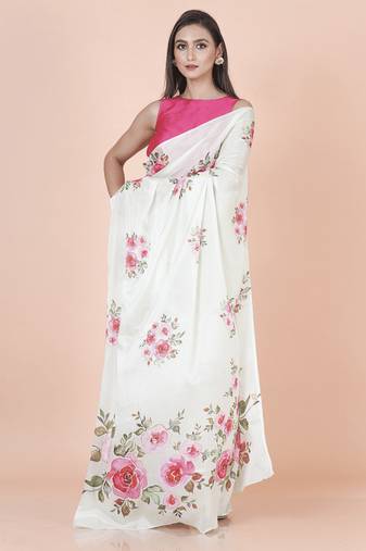 White coloured  floral styled digital printed chinnon silk saree with blouse