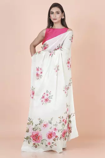 White coloured  floral styled digital printed chinnon silk saree with blouse