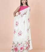 White coloured  floral styled digital printed chinnon silk saree with blouse
