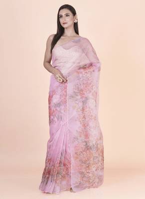 Pink coloured  floral styled digital printed with hand pita work n. orgenza saree with blouse 3