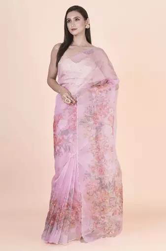 Pink coloured  floral styled digital printed with hand pita work n. orgenza saree with blouse