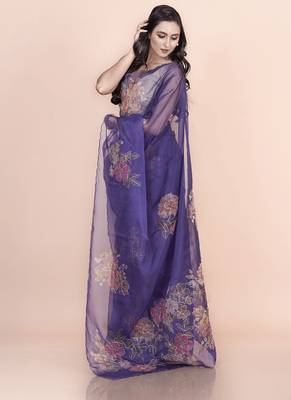 Blue coloured  floral styled digital printed with hand pita work n. orgenza saree with blouse 3