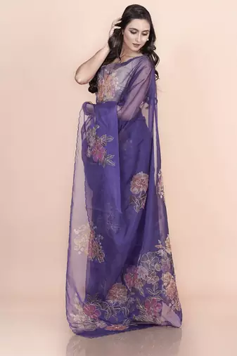 Blue coloured  floral styled digital printed with hand pita work n. orgenza saree with blouse