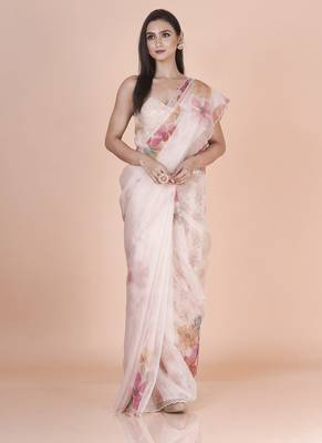 White coloured  floral styled digital printed with hand pita work & scalop border n. orgenza saree with blouse 4