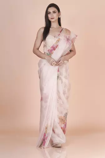 White coloured  floral styled digital printed with hand pita work & scalop border n. orgenza saree with blouse