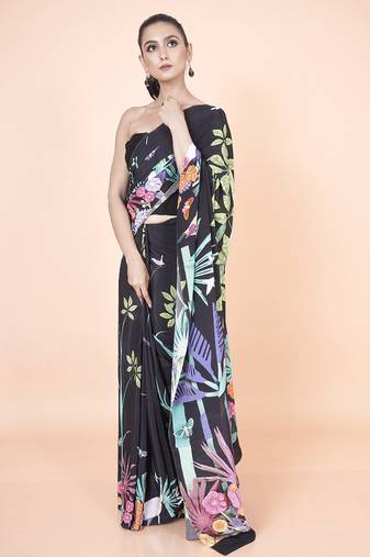 Multi coloured  botanical styled digital printed crepe saree with blouse
