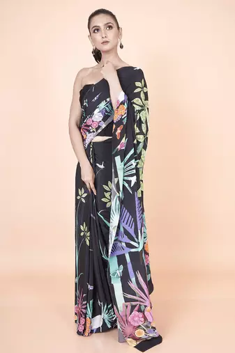 Multi coloured  botanical styled digital printed crepe saree with blouse