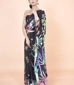 Multi coloured  botanical styled digital printed crepe saree with blouse