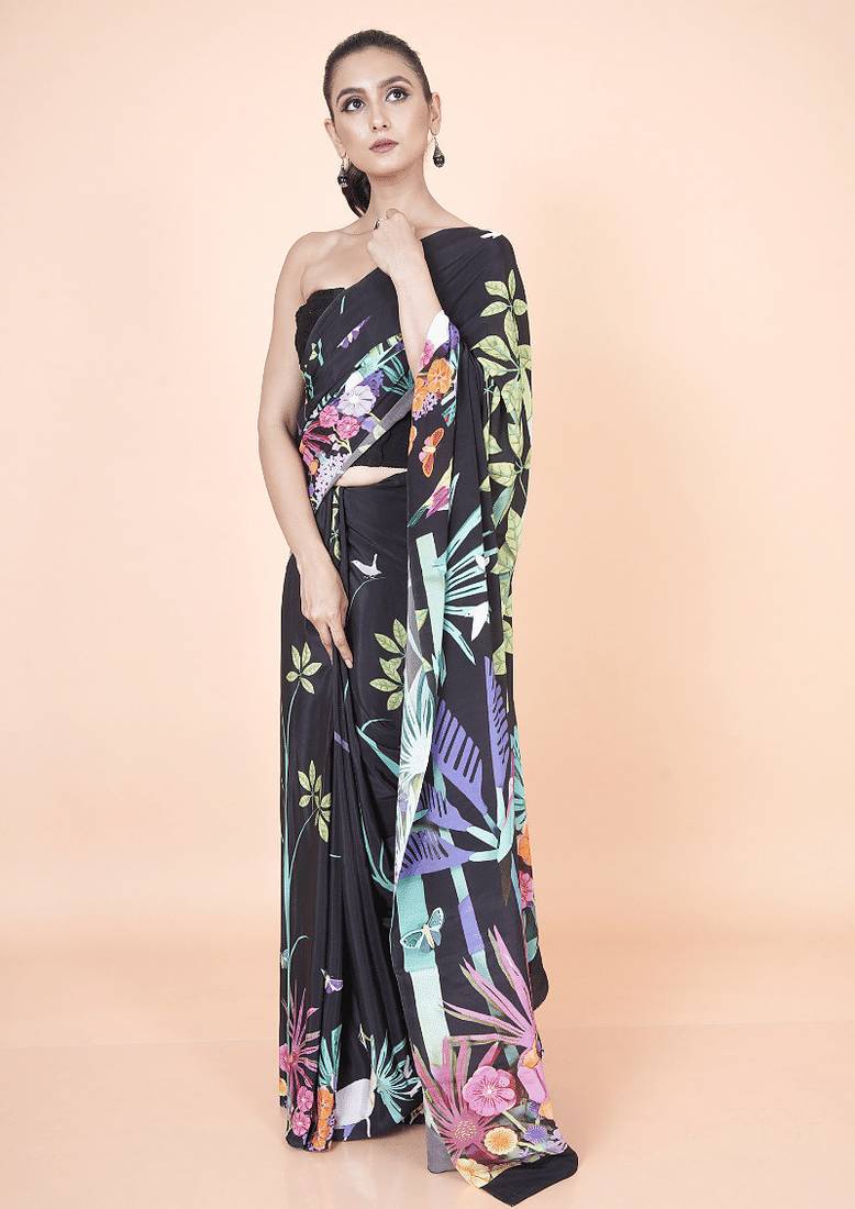 Multi coloured  botanical styled digital printed crepe saree with blouse